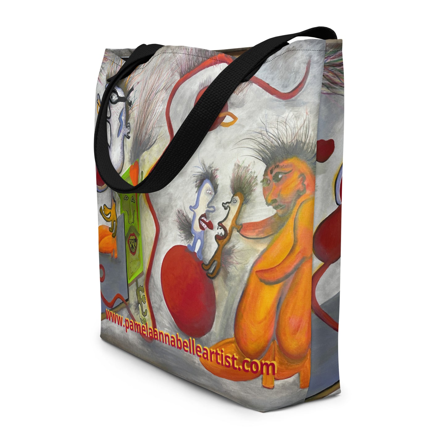 Collaboration Art Custom Tote Bag Featuring Pamela Annabelle and Carlos Sanchez Custom Printed Art Totebag with Whimsical Colorful Characters