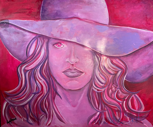 Girl in Pink Hat Original Oil Painting Artwork by Pamela Annabelle Artist