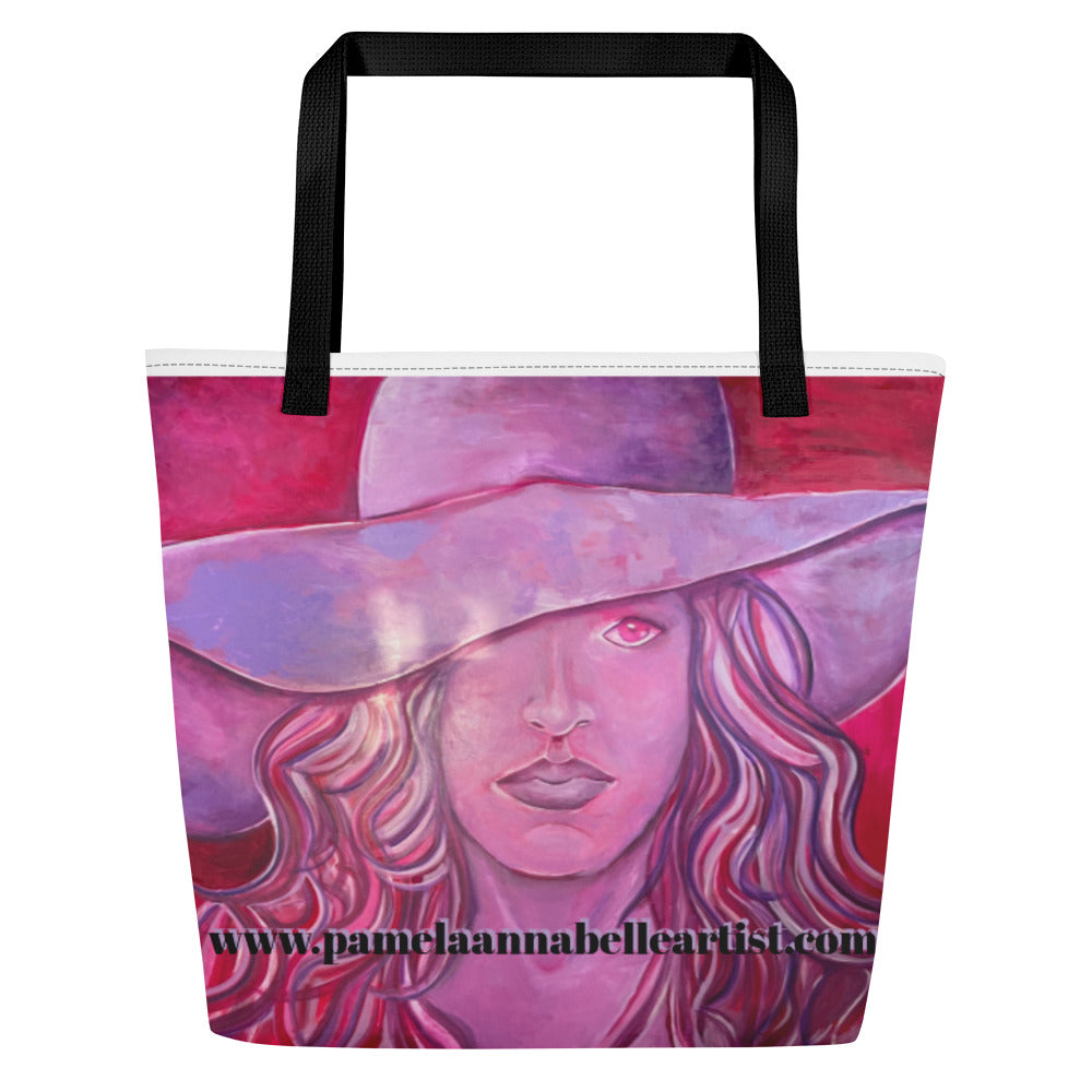 Girl in Pink Hat Art by Pamela Annabelle All Over Print Large Tote