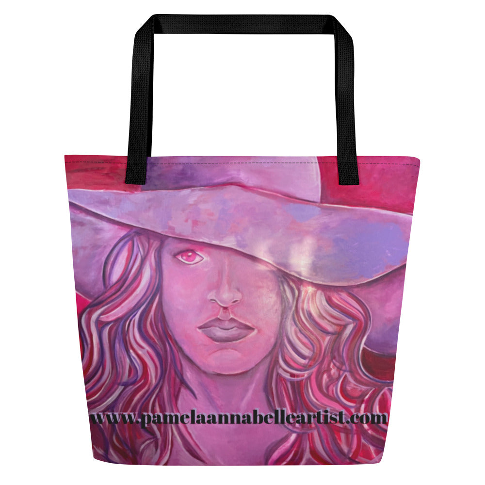 Girl in Pink Hat art Totebag Custom Art Pamela Annabelle Artist Figurative Oil Painting Printed on heavy weave tote bag