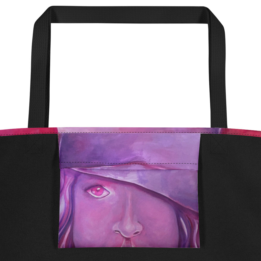 Girl in Pink Hat art Totebag Custom Art Pamela Annabelle Artist Figurative Oil Painting Printed on heavy weave tote bag