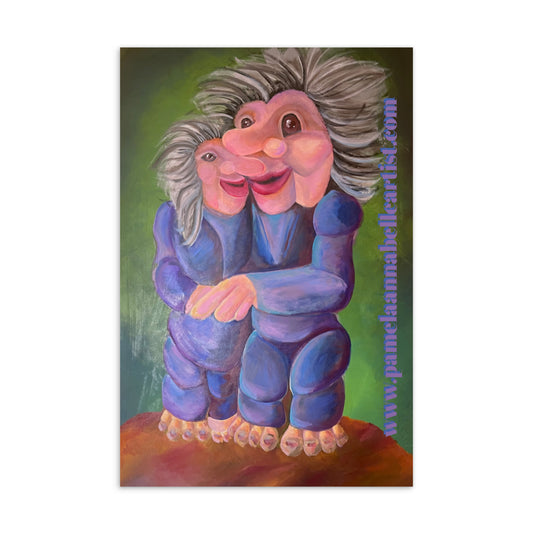 Pamela Annabelle Custom Art Oil Painting on a Printed Postcard Fantasy Figures Troll Couple Colorful Whimsical Contemporary Figurative Art